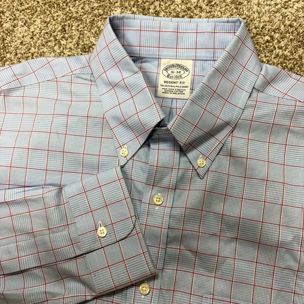 Brooks Brothers Button Down Shirt Mens 16-34 Regent Fit Tattersall Check Blue